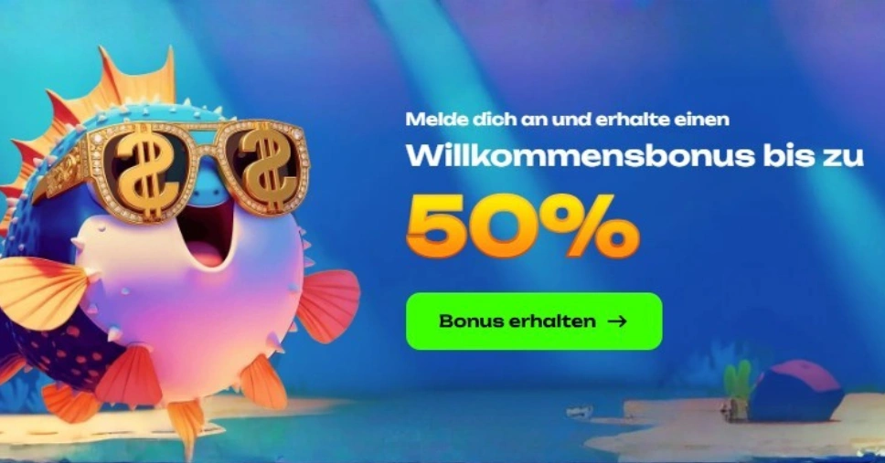 Fugu Casino Banner mit CTA und 50 % Bonus bis zu 300 €