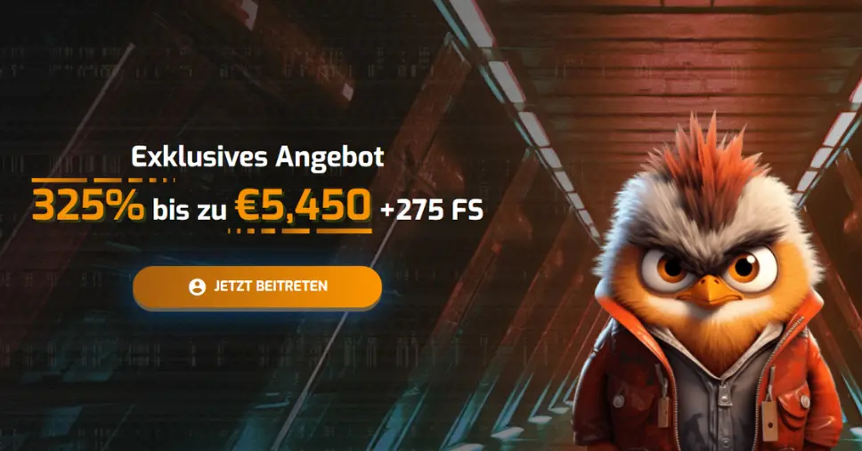 Hugo Casino Banner mit exklusivem Willkommensbonus von 5.450 € + 275 Freispiele 
