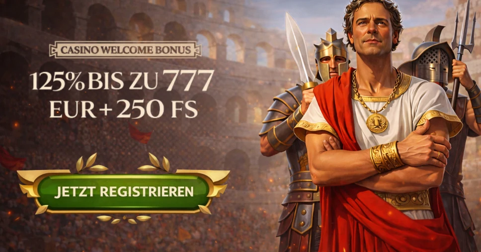 Lanista Casino Bild mit dem Kaiser und Gladiatoren sowie einem Willkommensangebot von 777 € + 250 Freispiele Lanista ist unsere Hauptempfehlung für Spieler, die 